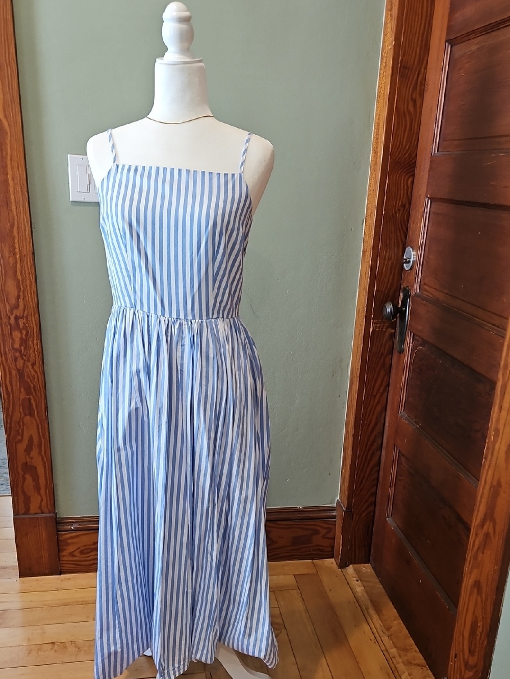 Blue & White Vertical Stripe Spaghetti-Strap Maxi Dress